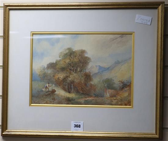 L. Barber, watercolour, a woodsman in a landscape, 23 x 33cm